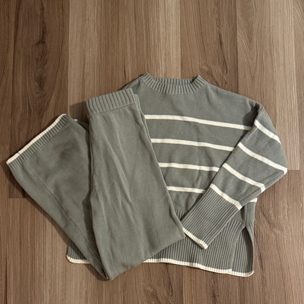 Sincerly Jules Sage Green and Cream Striped Knit Sweater Set